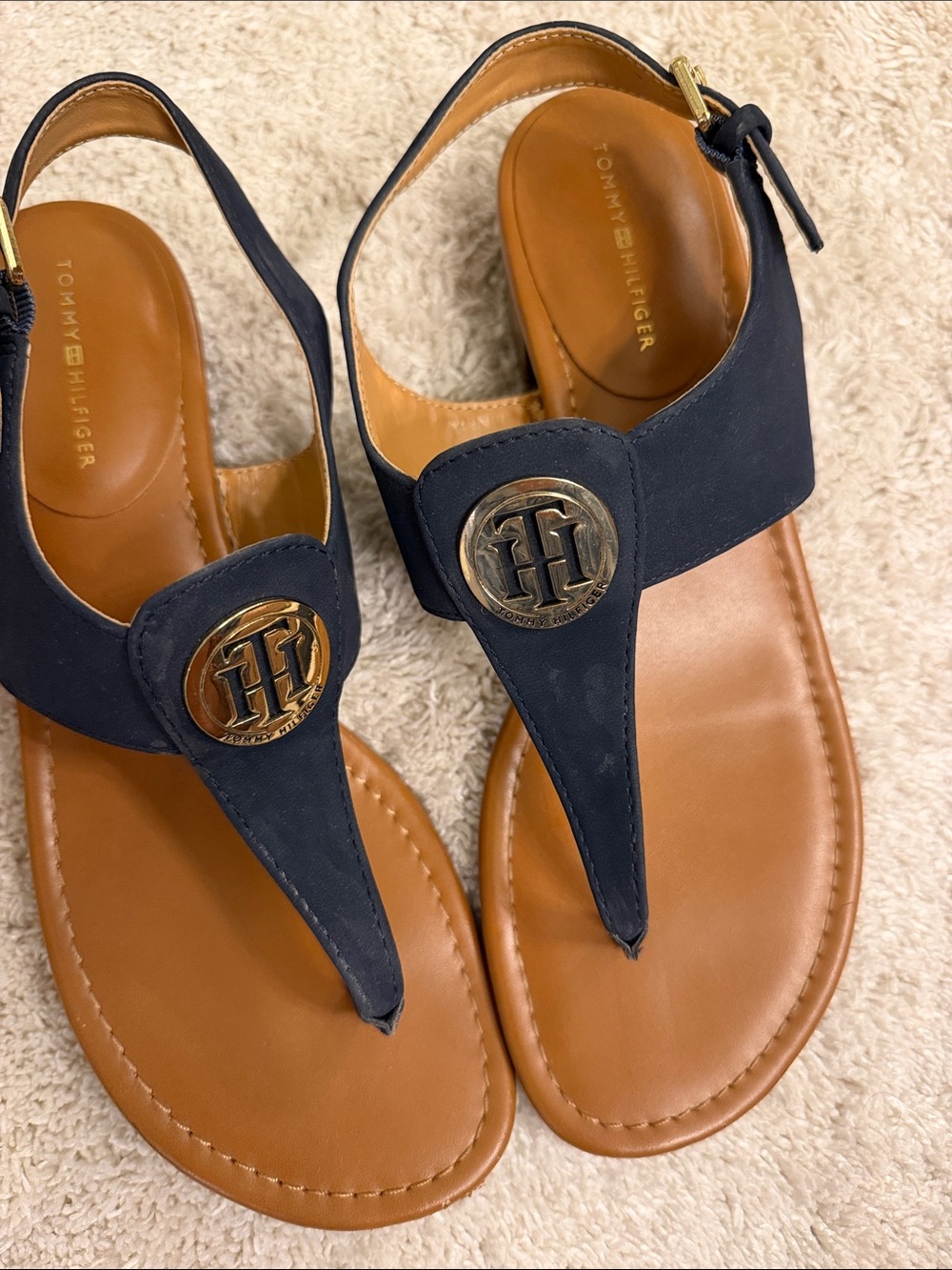 Tommy Hilfiger Navy Leather Thong Sandals
